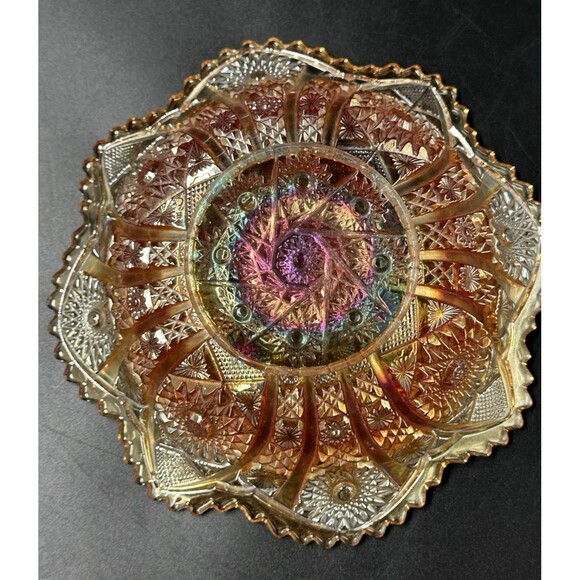 Vintage Iridescent Amber Sunflower Orange Carnival Glass Bowl Scalloped Edges - Picture 6 of 11